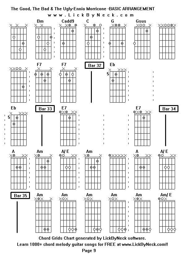 Chord Grids Chart of chord melody fingerstyle guitar song-The Good, The Bad & The Ugly-Ennio Morricone -BASIC ARRANGEMENT,generated by LickByNeck software.